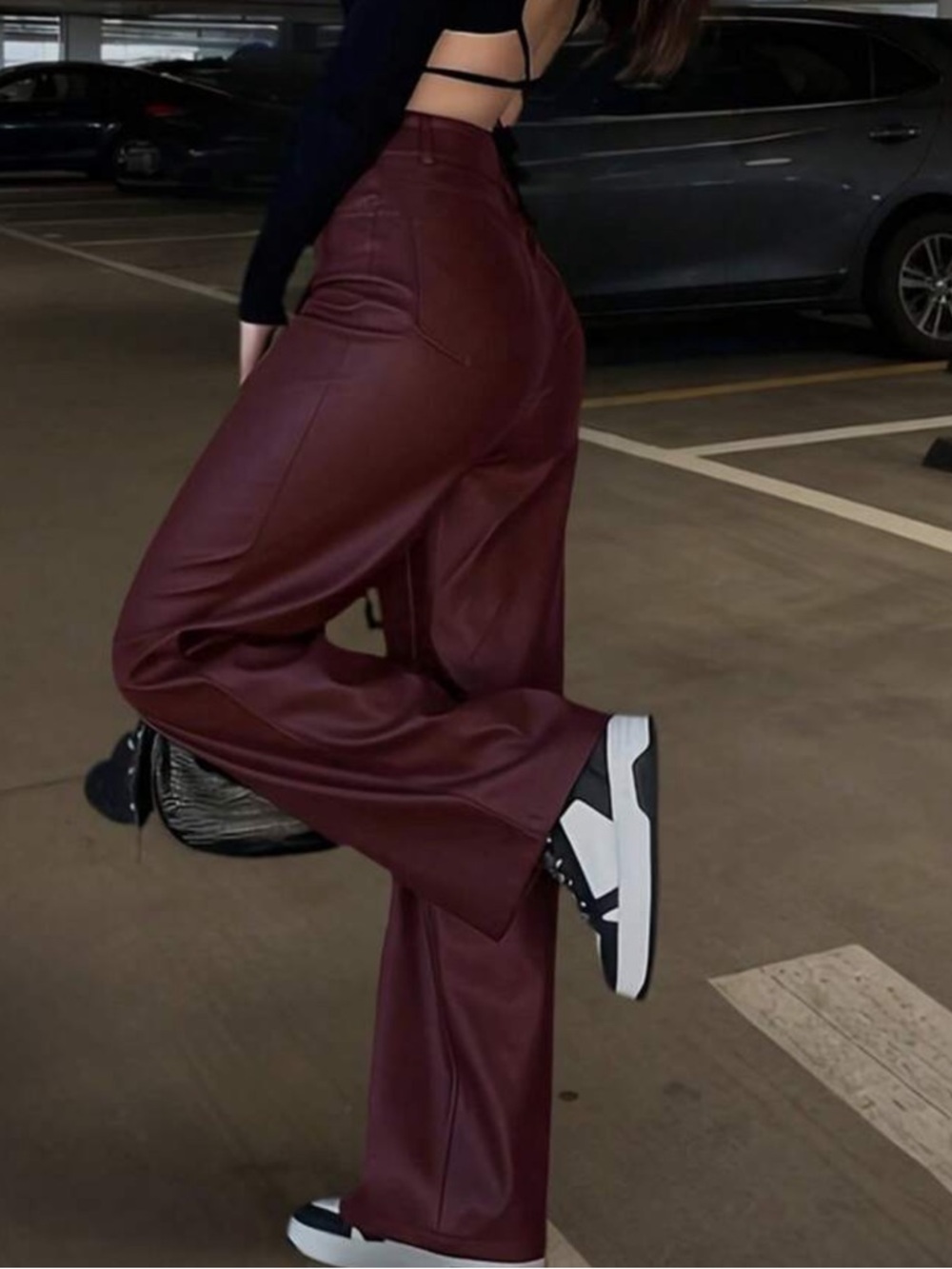 Maroon Faux Leather High-Waist Pants